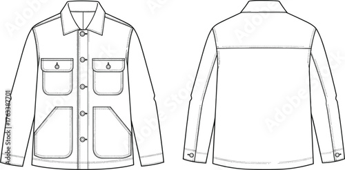 Men’s jacket front and back flat sketch, technical garment drawing, button down outerwear vector, CAD clothing template, fashion design illustration