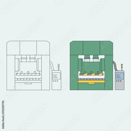 Large green stamping machine. Manufacturing industry. Technology. Production. Semi-automatic. Vector illustration.