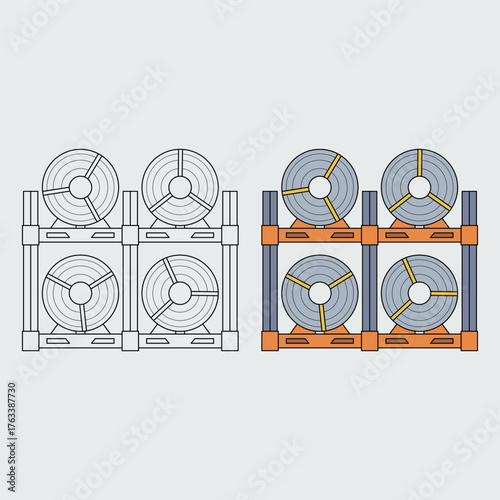 Several steel coils are arranged on racks in a material storage room, depicting an industrial and material logistics theme. Vector illustration.
