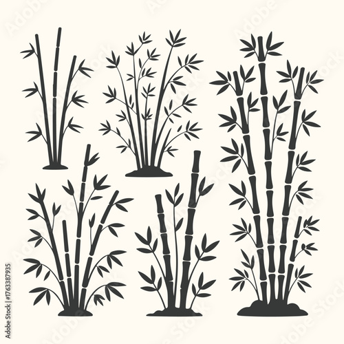 Vector art of collection of stylized bamboo plant silhouettes in various sizes and arrangements on a light background