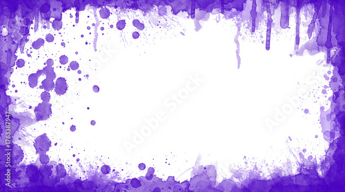Purple Watercolor Splash Frame with White Center. Vibrant watercolor-style border with expressive splashes, drips, and purple blotches. Artistic abstract Halloween layout with border and copy space.