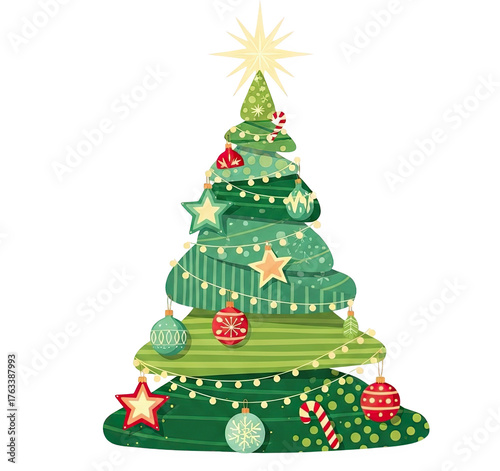 Wallpaper Mural Whimsical hand drawn green christmas tree with festive ornaments and glowing star isolated on transparent background Torontodigital.ca