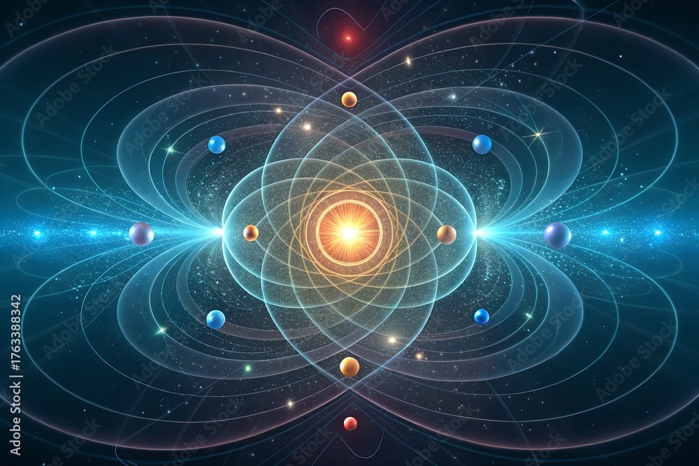 Obraz premium atomic structure with orbiting planets and glowing energy core in deep space