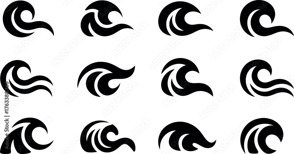 Obraz premium Wave Icons Collection Ocean Water Symbols Graphic Elements Set of Vector Illustrations