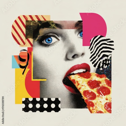 80s Pizza. Pop Art Collage Composition of Female Mouth, Eyes, and Pizza Slice