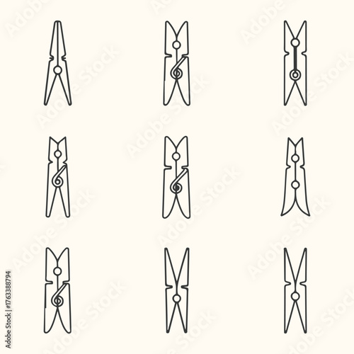 Vector art of collection of nine clothespins in a grid pattern, isolated on a light cream background