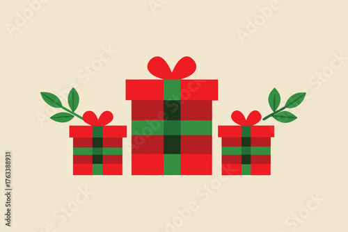 Festive Geometric Gift Box Ensemble with Foliage Accents Flat Vector Illustration Graphic Design Template