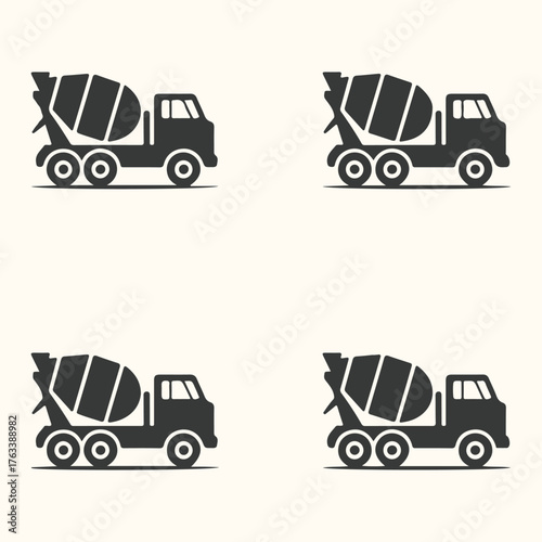 Vector art of four black concrete mixer truck icons on a light cream background, representing construction and industry