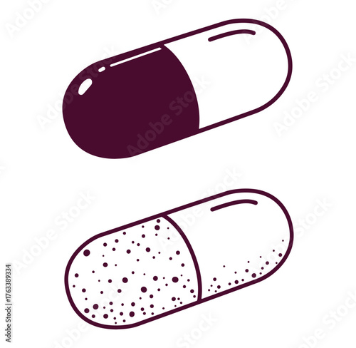 Two simple capsules illustration in modern flat design for health and healthcare concepts