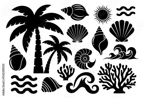 Palm tree seashell coral wave sun ocean silhouette set isolated on white background