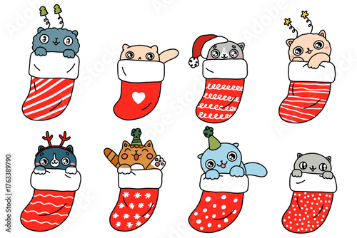 Cute cartoon cats in Christmas socks set. Merry Christmas and happy New year card. Collection drawing of cute cats with decorative headband, hat. Vector illustration isolated on a white background.