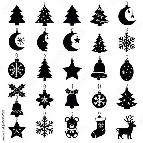 Set of twenty four black christmas ornaments, including trees, snowflakes and bells.