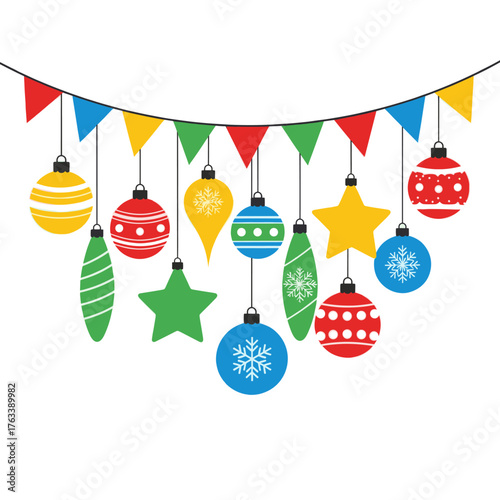 Colorful christmas ornaments and pennants hanging. Holiday decoration concept vector.