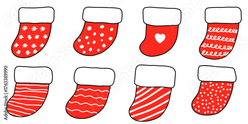 Hand drawn Christmas stocking illustration. Christmas socks for gifts on the fireplace. Christmas decorations. Vector illustration isolated on white background.
