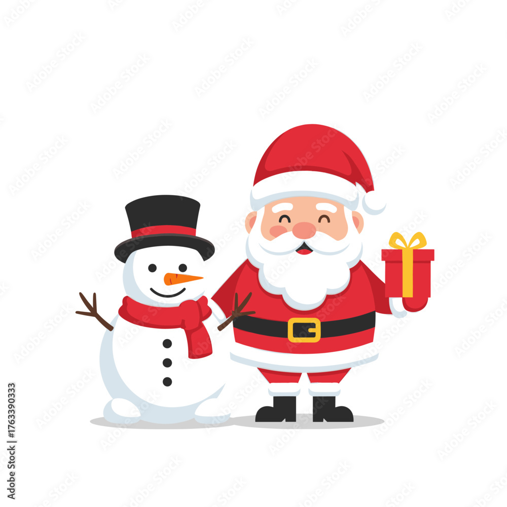 Fototapeta premium Santa claus holding a gift box with a snowman. Christmas celebration concept.