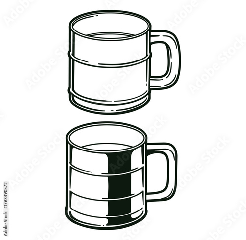 Vector illustration depicting two beer mugs in outlined style with contrasting color fills
