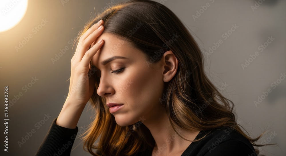 Obraz premium Woman Feeling Stress and Anxiety with Hand on Forehead in Portrait