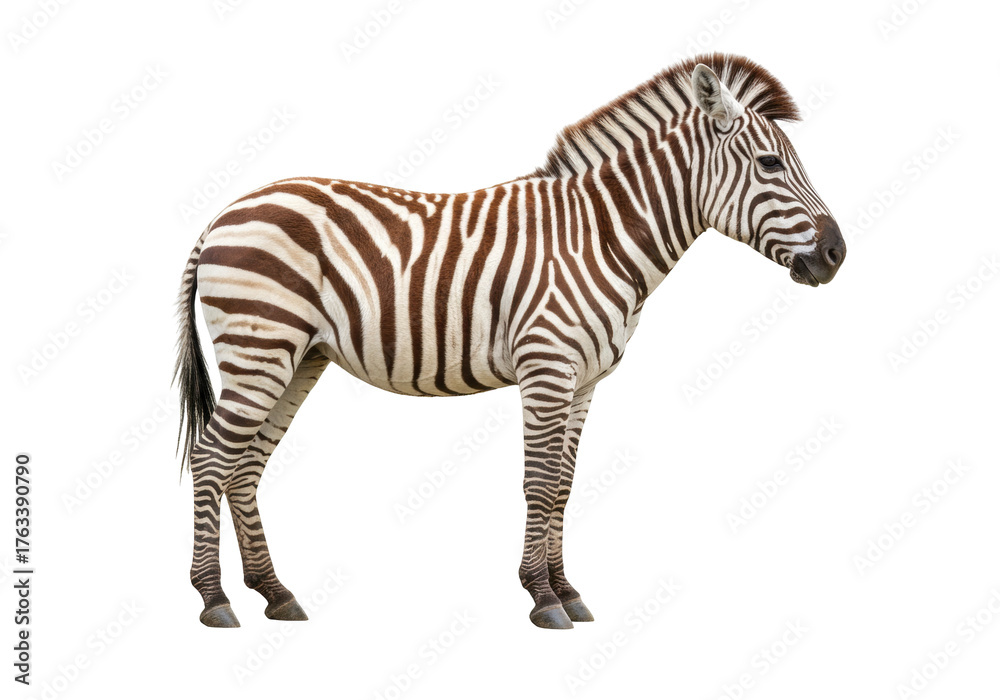 Fototapeta premium Isolated plains zebra, standing still, a majestic African mammal in full side-view shot
