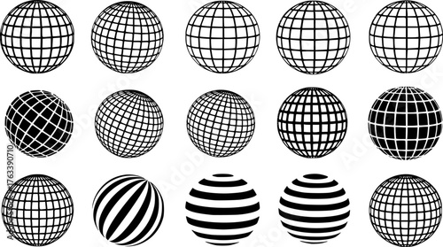 Globe grid spheres. Striped 3D spheres, geometry globe grid, earth latitude and longitude line grid vector symbols set. Spherical grid globe shapes