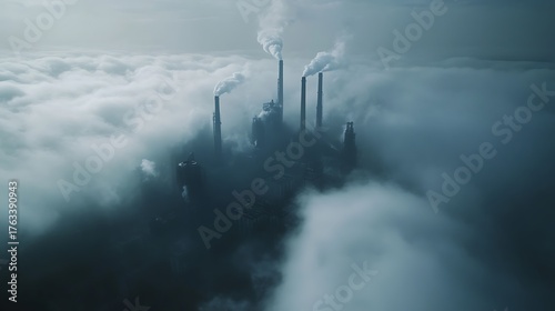 A dense fog of smog over an industrial area with factories emitting smoke, highlighting air pollution