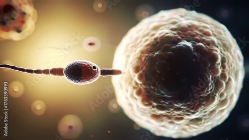 Microscopic view of a sperm cell approaching and fertilizing a human egg illustrating the biological process of conception and reproduction in a detailed scientific animation.