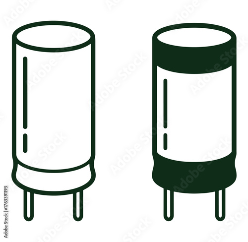 Vector illustration of two electronic components showing capacitor outline and solid fill design