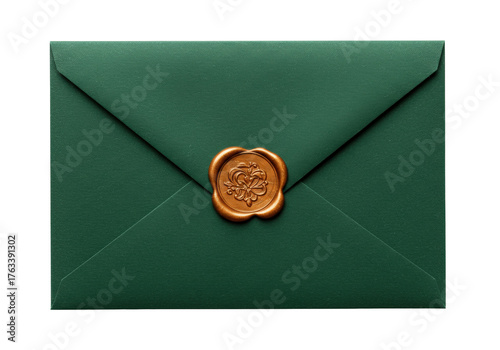 Fotografie Isolated green envelope with bronze wax seal, royal invite or announcement lette