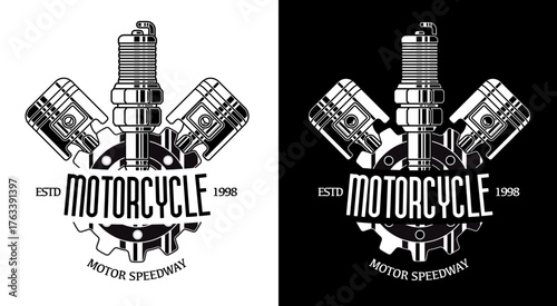 Vintage motorcycle club logo featuring a central spark plug two pistons gear wheel black and white for motor speedway custom repair shops and biker apparel