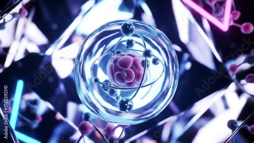 Abstract visualization of an atom with electrons orbiting a nucleus representing scientific research quantum physics and molecular structures in a futuristic glowing environment.
