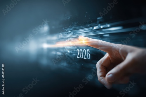 Forward Thinking Reaching 2026 and Beyond Advancing in Technology Preparing for Digital Transformation Hand Touching Glowing Data Stream in Anticipation of New Year, Data Analytics