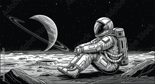 Astronaut contemplates Saturn from lunar surface in a stunning space exploration concept art illustration