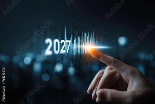 Future Year 2027 Growth Technology Advancement Digital Innovation Progress Modern Hand Touching Interactive Screen Tech Era Forecast Development Creative Business Planning Ideas