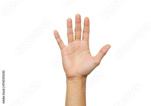 Foto Isolated human hand showing five fingers, gesture of counting, expressing hello