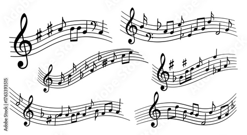 Wavy Music Stave Score with Treble Clef and Notes Vector Set