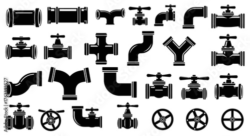Plumbing Pipe Fittings and Valve Vector Black Silhouette Icon Set