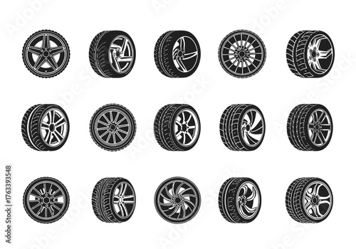 Automotive Tire and Wheel Rim Vector Silhouette Icon Set