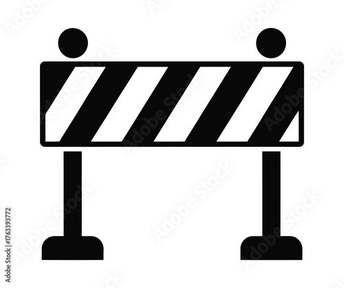 Black and white graphic of a construction barrier with diagonal stripes and two upright posts