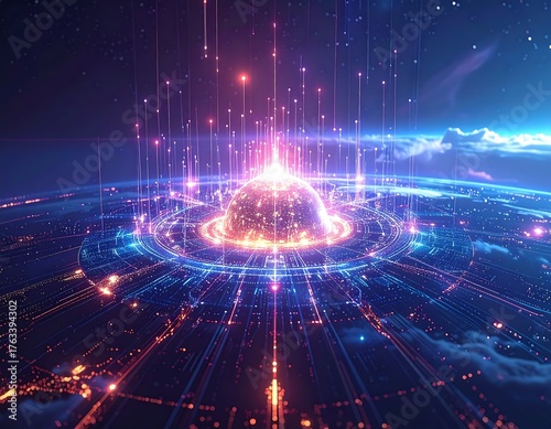 Digital Data Hub Futuristic Illustration of Networked Global Communication and Tech