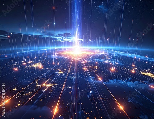Global Network Futuristic World Map with Glowing Data Transmission