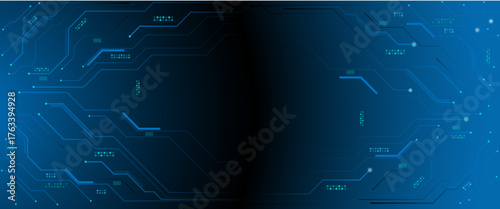 Circuit blue board texture on black technology web banner background. Horizontal web banner with empty place for text.