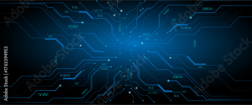 Circuit blue board texture on black technology web banner background. Horizontal web banner with empty place for text.