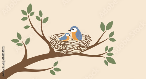 Cute Bird Family in Nest on Tree Branch.