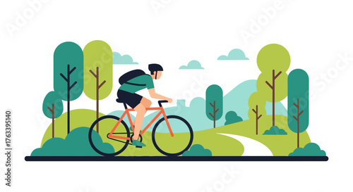 Cyclist riding a bike on a scenic path through a park with trees and hills.