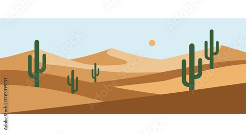 Desert landscape with cacti and sand dunes under the sun.