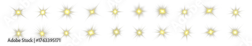 Radiant gold PNG stars with sparkling light and glowing highlights. Bright sparkles create festive and magical visuals. Transparent shining sun with bright flashes adds charm and energy.
