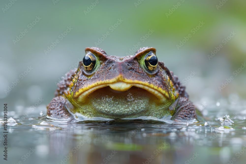 Fototapeta premium Angry Frog. A Close-up of Green Amphibian Toad Revealing Its Under Mouth