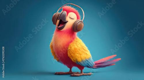 Cartoon-style parrot with headphones, vividly colored, on blue background