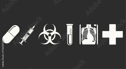 Medical Context Silhouette Icon Set — Pill, Syringe, Biohazard, Test Tube, X-ray, Hospital Cross