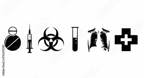 Medical Context Silhouette Icon Set — Pill, Syringe, Biohazard, Test Tube, X-ray, Hospital Cross