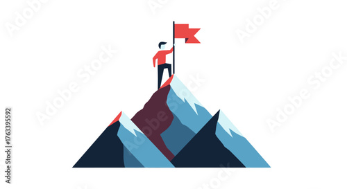 Man on mountain peak achieving success and reaching goals.